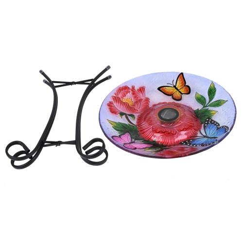 Hi-Line Gift Ltd Solar LED Floral Glass Bird Bath with Stand - Butterflies & Peonies