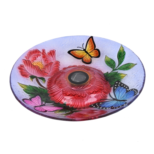 Hi-Line Gift Ltd Solar LED Floral Glass Bird Bath with Stand - Butterflies & Peonies