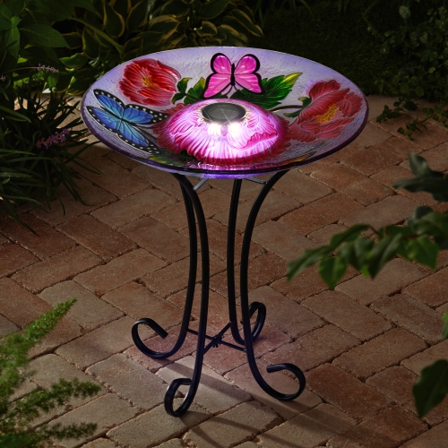 Hi-Line Gift Ltd Solar LED Floral Glass Bird Bath with Stand - Butterflies & Peonies