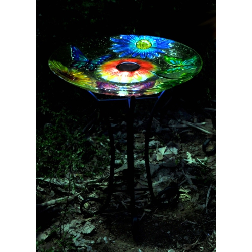 Hi-Line Gift Ltd Solar Floral Glass Butterfly Bird Bath with Stand