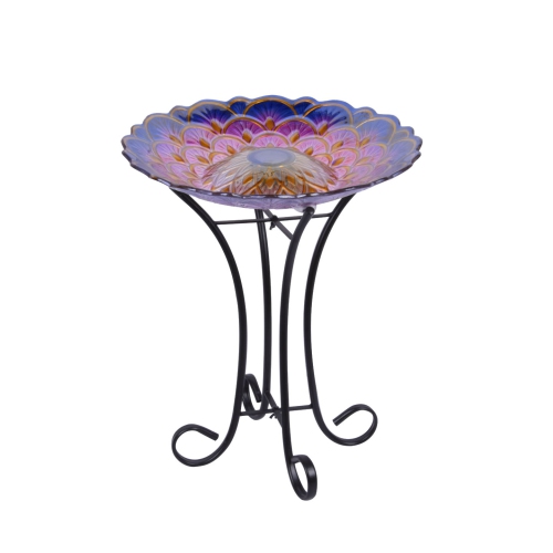 Hi-Line Gift Ltd Solar Floral Glass Bird Bath with Stand