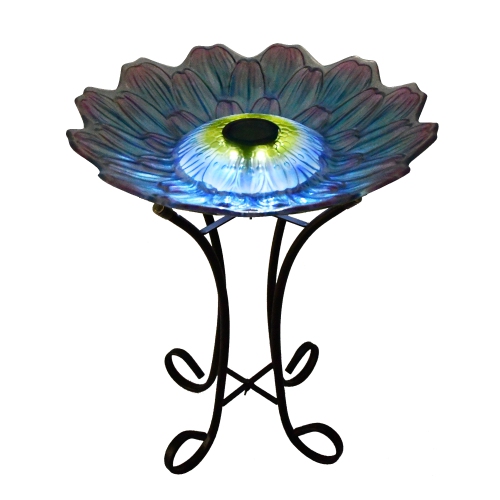 Hi-Line Gift Ltd Solar LED Floral Glass Bird Bath with Stand - Purple & Purple Dahlia