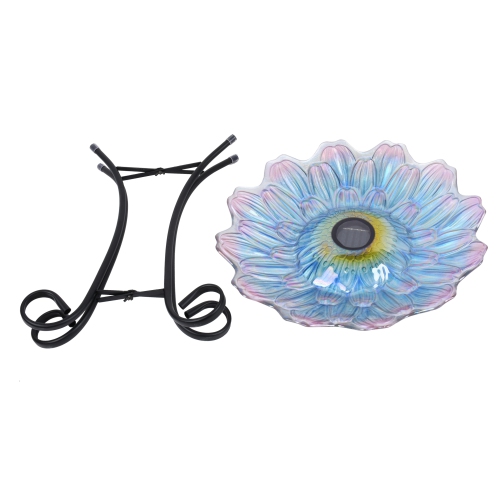 Hi-Line Gift Ltd Solar LED Floral Glass Bird Bath with Stand - Purple & Purple Dahlia