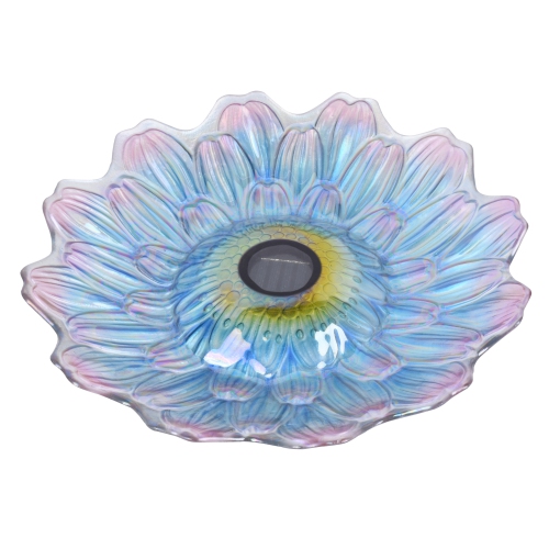 Hi-Line Gift Ltd Solar LED Floral Glass Bird Bath with Stand - Purple & Purple Dahlia