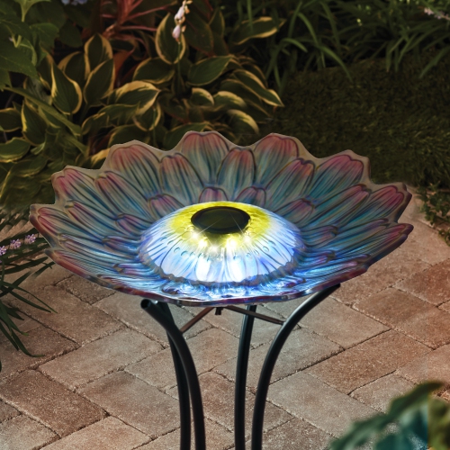 Hi-Line Gift Ltd Solar LED Floral Glass Bird Bath with Stand - Purple & Purple Dahlia