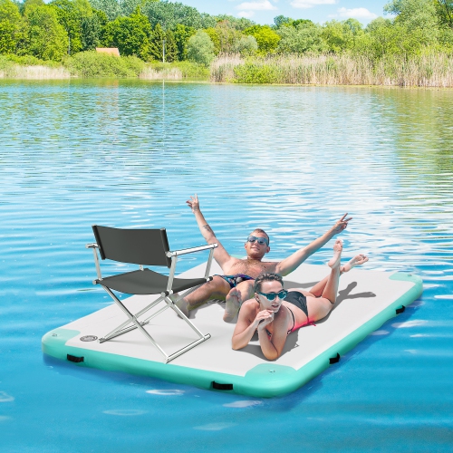 Outsunny 8' x 6' Water Inflatable Floating Dock, Rafting Platform Island, Large Mat with Air Pump & Backpack, for Pool, Beach, Ocean, Blue and Green