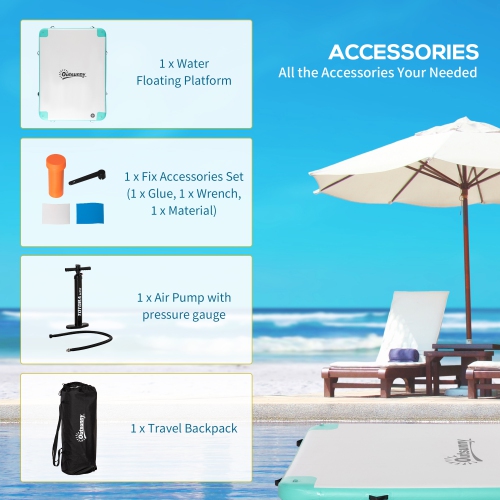 Outsunny 8' x 6' Water Inflatable Floating Dock, Rafting Platform Island, Large Mat with Air Pump & Backpack, for Pool, Beach, Ocean, Blue and Green