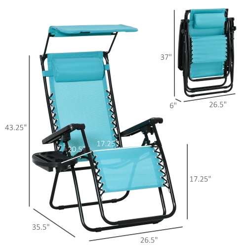 Outsunny 2 Piece Foldable Lounge Chair with Canopy Shade, Outdoor Zero Gravity Chair w/ Side Tray & Cup Holder, Reclining Lounger w/ Breathable Mesh