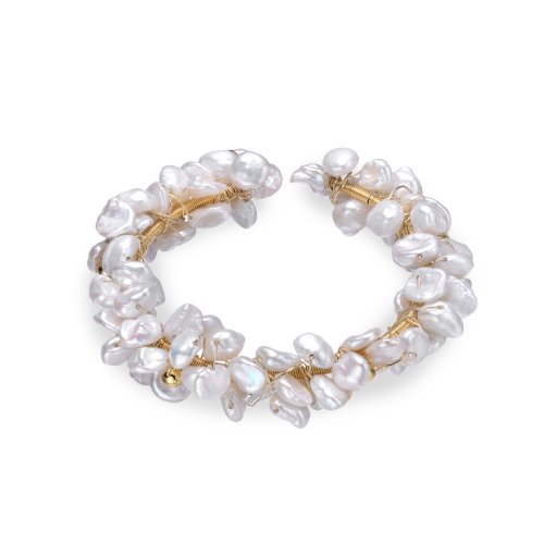 Rozzato Sterling Silver Gold Plated Freshwater Pearl Open Cuff Bracelet