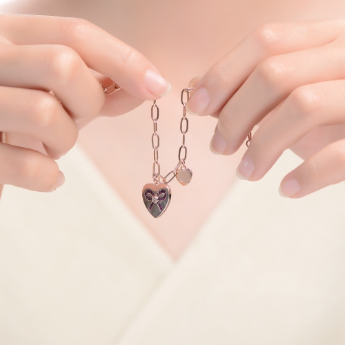 Rozzato Sterling Silver Rose Gold Plated Heart Paper Clip Chain Bracelet