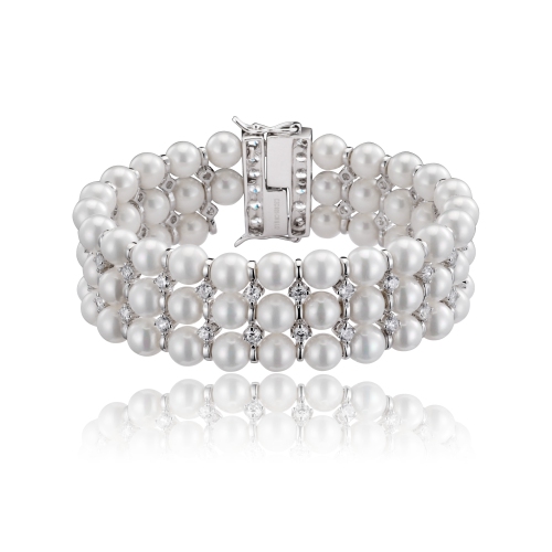 Rozzato Sterling Silver Cubic Zirconia And Three Row Pearl Bracelet