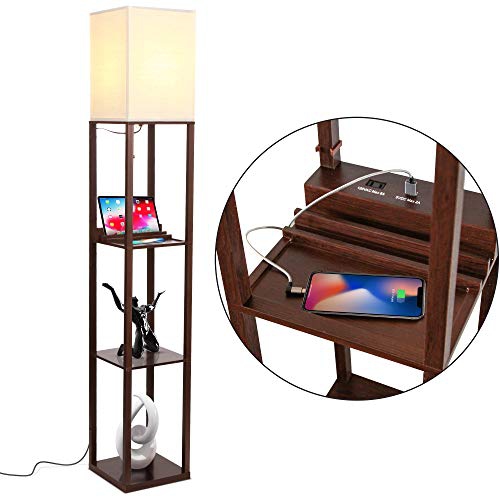 Brightech Maxwell Charger - Shelf Floor Lamp with USB Charging Ports & Electric Outlet - Tall & Narrow Tower Nightstand for Bedroom - Modern, Asian E