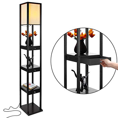 Maxwell Shelf & LED Floor Lamp with Drawers - Black