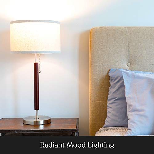 Brightech Carter Nightstand & Side Table Lamp - Contemporary Bedroom Lamp for Soft Bedside Light - Stainless Steel & Wood Finish