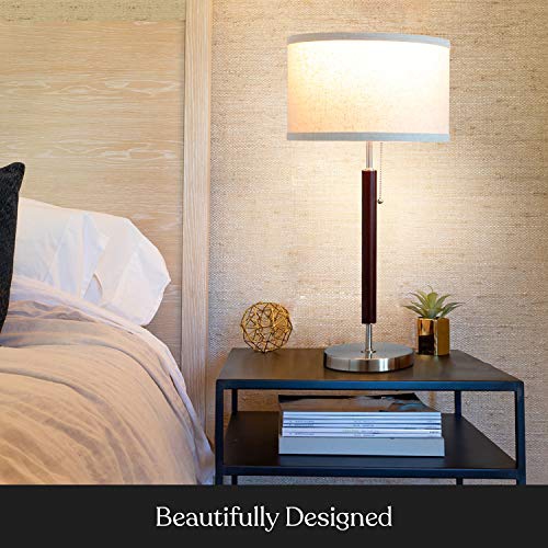Brightech Carter Nightstand & Side Table Lamp - Contemporary Bedroom Lamp for Soft Bedside Light - Stainless Steel & Wood Finish