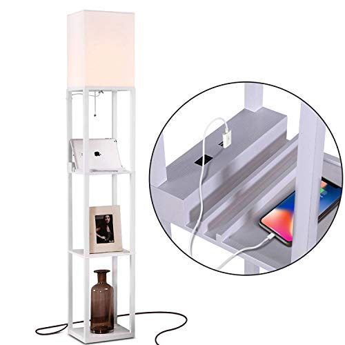 Maxwell Shelf & LED Floor Lamp with USB Port, Outlet, and Smart Home Compatible - White