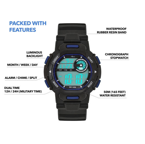 Mens Digital Sports Watch, 46mm Large Face Digital Chronograph, Resin Strap, Military Time 12H/24H, Light Up, Alarm, Stopwatch, Water Resistant