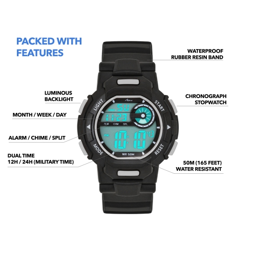 Mens Digital Sports Watch, 46mm Large Face Digital Chronograph, Resin Strap, Military Time 12H/24H, Light Up, Alarm, Stopwatch, Water Resistant