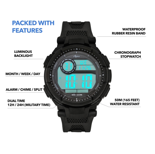 Mens Digital Sports Watch, 45mm Large Face Digital Chronograph, Resin Strap, Military Time 12H/24H, Light Up, Alarm, Stopwatch, Water Resistant