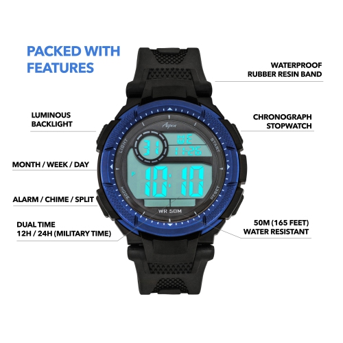 Montre de sport numérique pour hommes de 45mm, chronographe numérique avec grand écran, bracelet en résine, heure militaire 12H/24H, s'allume,