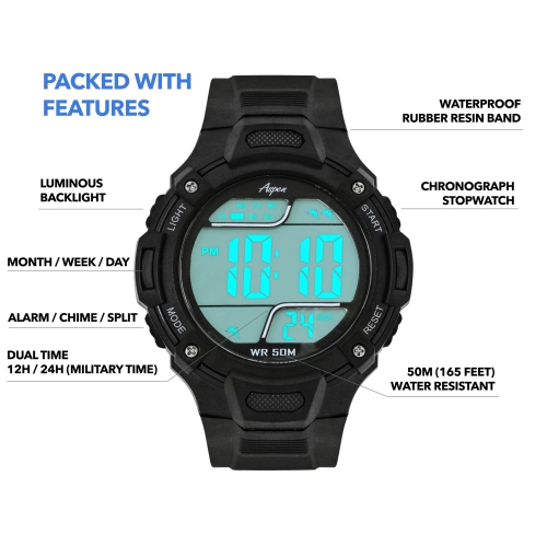 Mens Digital Sports Watch, 44mm Large Face Digital Chronograph, Resin Strap, Military Time 12H/24H, Light Up, Alarm, Stopwatch, Water Resistant