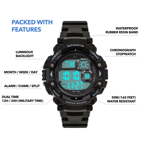 Mens Digital Sports Watch, 48mm Large Face Digital Chronograph, Resin Strap, Military Time 12H/24H, Light Up, Alarm, Stopwatch, Water Resistant