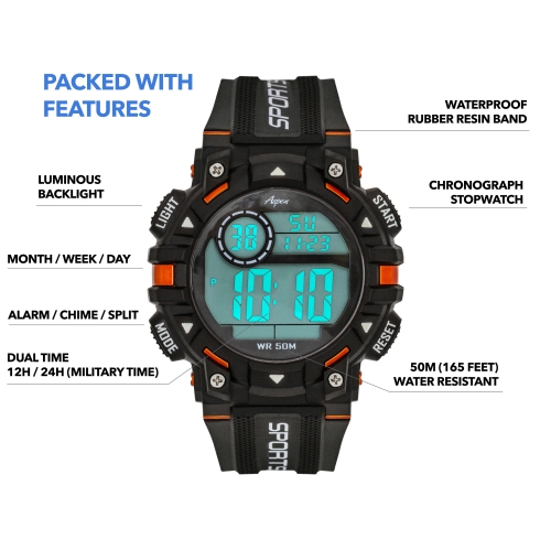Mens Digital Sports Watch, 51mm Large Face Digital Chronograph, Resin Strap, Military Time 12H/24H, Light Up, Alarm, Stopwatch, Water Resistant