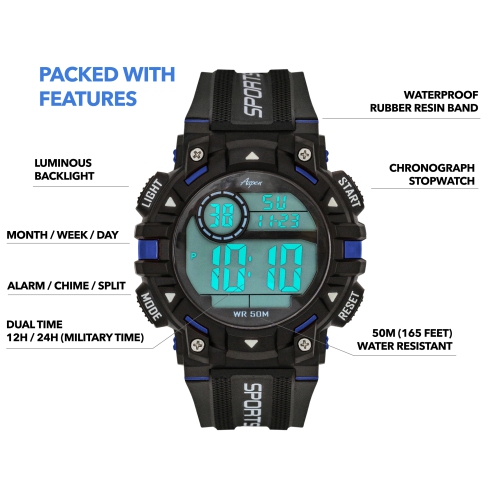 Mens Digital Sports Watch, 51mm Large Face Digital Chronograph, Resin Strap, Military Time 12H/24H, Light Up, Alarm, Stopwatch, Water Resistant