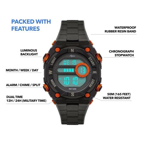 Mens Digital Sports Watch, 44mm Large Face Digital Chronograph, Resin Strap, Military Time 12H/24H, Light Up, Alarm, Stopwatch, Water Resistant