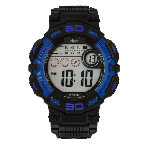 ASPEN  Mens Digital Sports Watch, 45MM Large Face Digital Chronograph, Resin Strap, Military Time 12H/24H, Light Up, Alarm, Stopwatch, Water Resistant