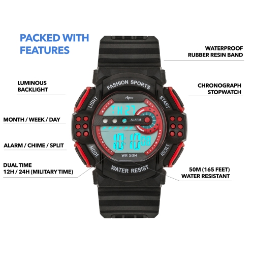 Montre de sport numérique pour hommes de 45mm, chronographe numérique avec grand écran, bracelet en résine, heure militaire 12H/24H, s'allume,