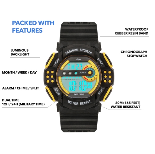 Mens Digital Sports Watch, 45mm Large Face Digital Chronograph, Resin Strap, Military Time 12H/24H, Light Up, Alarm, Stopwatch, Water Resistant