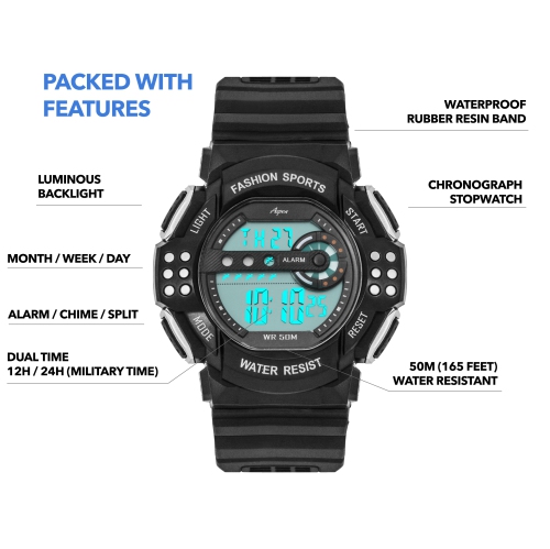 Mens Digital Sports Watch, 45mm Large Face Digital Chronograph, Resin Strap, Military Time 12H/24H, Light Up, Alarm, Stopwatch, Water Resistant