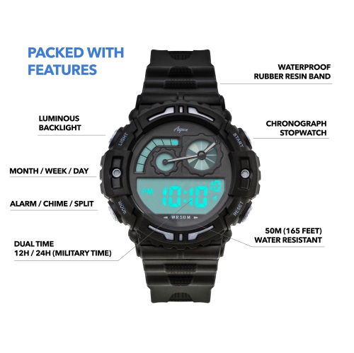 Mens Digital Sports Watch, 51mm Large Face Digital Chronograph, Resin Strap, Military Time 12H/24H, Light Up, Alarm, Stopwatch, Water Resistant