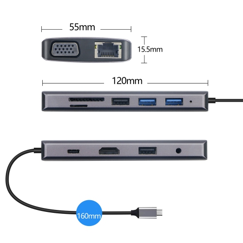 USB C Hub 8-in-1 VGA Gigabite RJ45 SD/TF USB HUB AUDIO HDMI PD Multiport - axGear