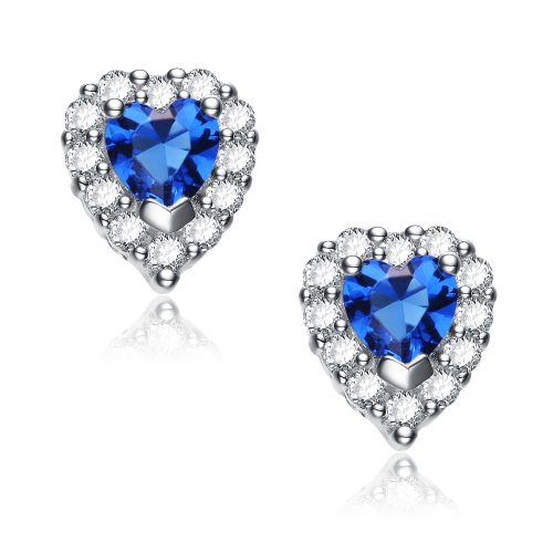 Rozzato Sterling Silver Sapphire Cubic Zirconia Heart Stud Earrings