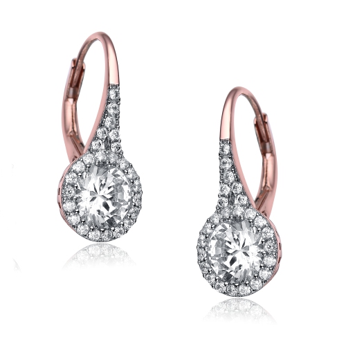Rozzato Sterling Silver Rose Gold Plated Cubic Zirconia Halo Leverback Drop Earrings