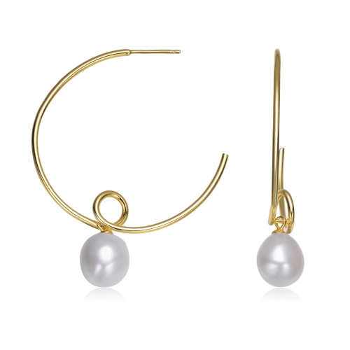 Rozzato Sterling Silver Gold Plated Freshwater Round Pearl Hoop Earrings