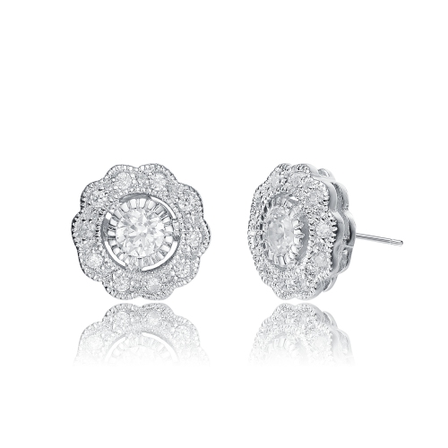 Rozzato Sterling Silver Cubic Zirconia Flower Stud Earrings