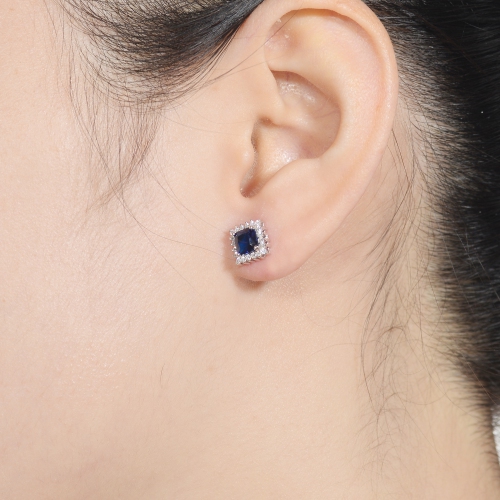Rozzato Sterling Silver Sapphire Cubic Zirconia Square Earrings