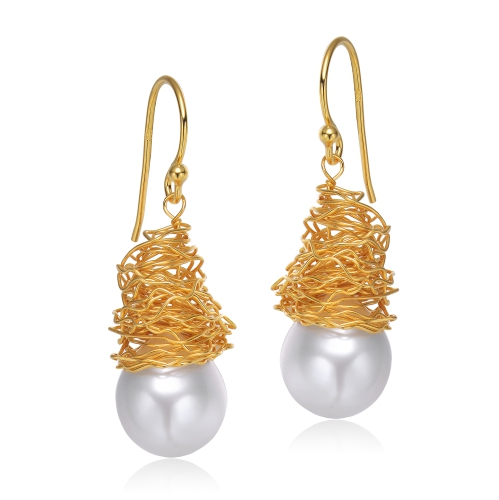 Rozzato Sterling Silver Gold Plated Freshwater Drop Pearl Hook Earrings