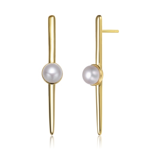 ROZZATO  Sterling Silver Plated Freshwater Pearl Bar Drop Earrings In Gold