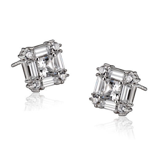 Rozzato Sterling Silver Cubic Zirconia Square Stud Earrings