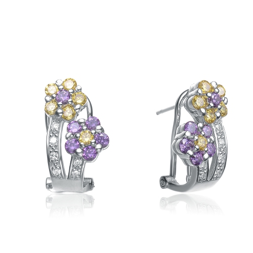 Rozzato Sterling Silver Sapphire Cubic Zirconia Flower Shape Earrings