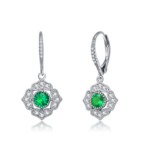 ROZZATO  Sterling Emerald Cubic Zirconia Petal Flower Drop Earrings In Silver