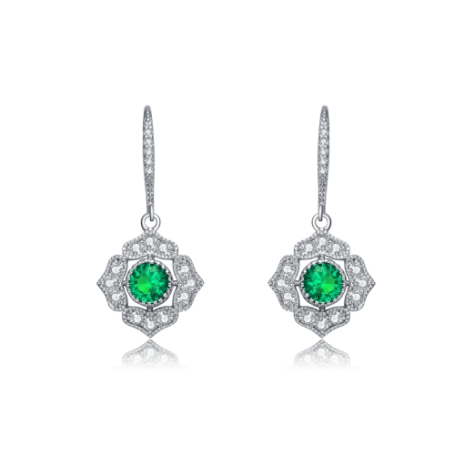 Rozzato Sterling Silver Emerald Cubic Zirconia Petal Flower Drop Earrings