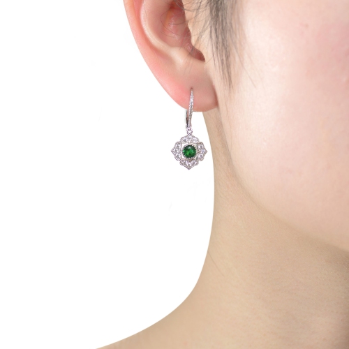 Rozzato Sterling Silver Emerald Cubic Zirconia Petal Flower Drop Earrings