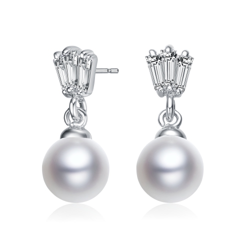 Rozzato Sterling Silver Pearl And Baguette Cubic Zirconia Drop Earrings