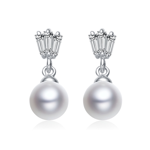 Rozzato Sterling Silver Pearl And Baguette Cubic Zirconia Drop Earrings