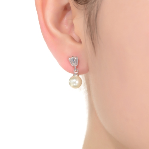 Rozzato Sterling Silver Pearl And Baguette Cubic Zirconia Drop Earrings